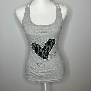 Julia gray tank top with heart lace rhinestones beads size large/extra large